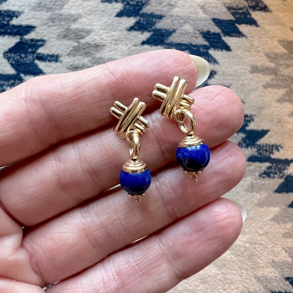 14k yellow gold lapis drop earrings
